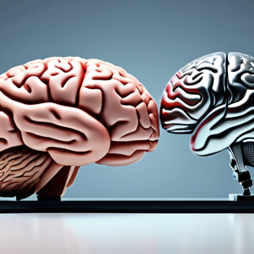 Home 4 **A balanced scale showing a human brain on one side and a stylized AI brain on the other, representing the balance between human decision-making and artificial intelligence. The background should incorporate elements of both technology and human creativity.**