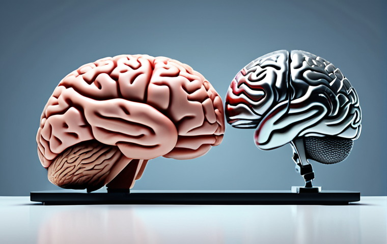 **A balanced scale showing a human brain on one side and a stylized AI brain on the other, representing the balance between human decision-making and artificial intelligence. The background should incorporate elements of both technology and human creativity.**