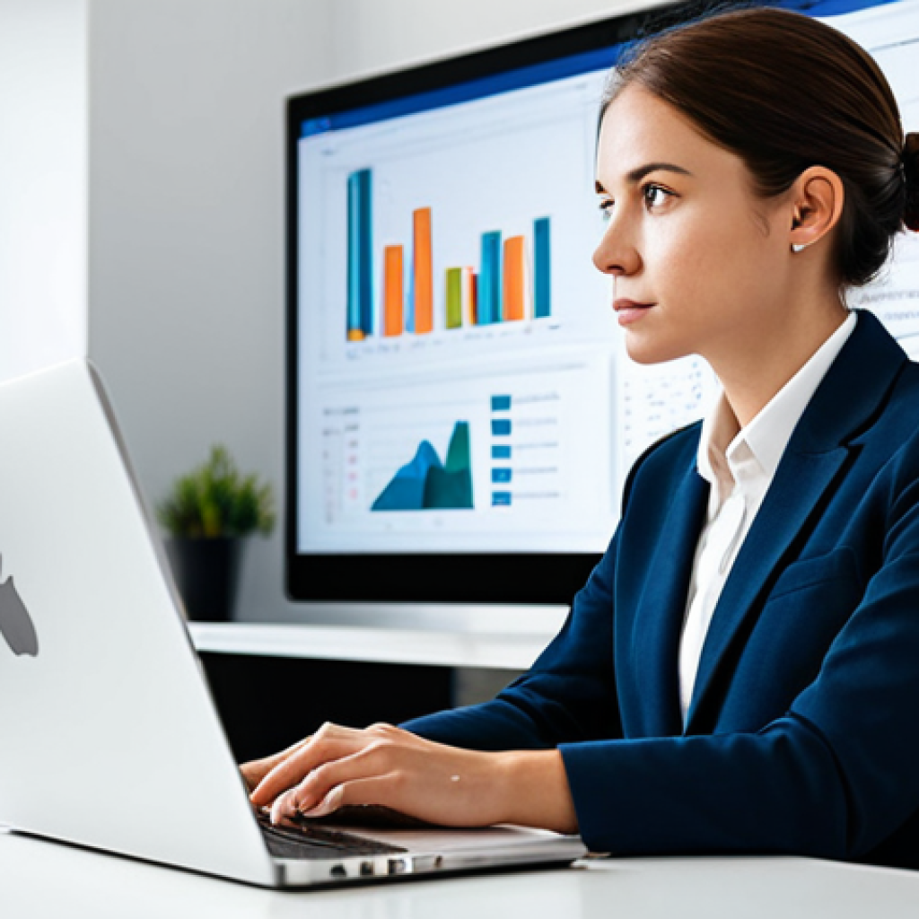 A young professional, fully clothed in modest business-casual attire, sits calmly at a sleek modern desk in a well-lit co-working space. They are looking thoughtfully at a large monitor displaying abstract data, with a closed laptop beside them. Their pose is natural, reflecting a moment of conscious decision-making and digital mindfulness. The environment is clean and organized, fostering a sense of focus. perfect anatomy, correct proportions, natural pose, well-formed hands, proper finger count, natural body proportions, safe for work, appropriate content, fully clothed, family-friendly, professional photography, high quality image.