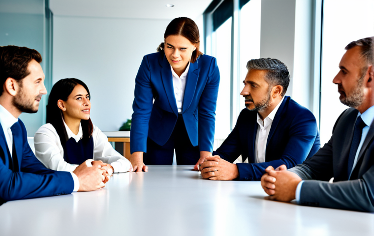 Emotional Intelligence in Leadership**
A diverse group of professionals collaborating around a table in a modern office, fully clothed in business attire. One leader is actively listening with a compassionate expression. Soft, natural lighting. "Professional", "modest", "safe for work", "appropriate content", "perfect anatomy", "correct proportions", "natural pose". The scene evokes teamwork and understanding, emphasizing emotional intelligence.
**