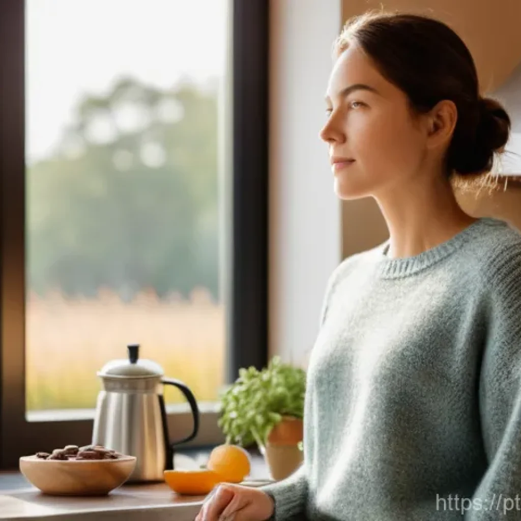 의식적 선택 훈련의 결과로 얻는 변화 - "A woman in her late 20s, with a thoughtful and serene expression, stands by a sun-drenched kitchen ...