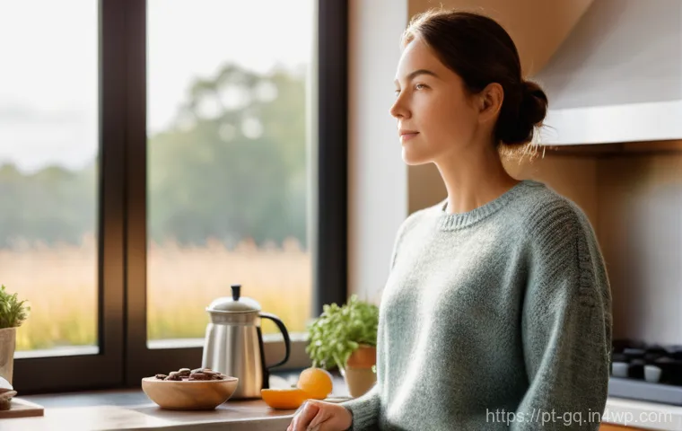의식적 선택 훈련의 결과로 얻는 변화 - "A woman in her late 20s, with a thoughtful and serene expression, stands by a sun-drenched kitchen ...