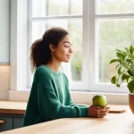 의식적 선택 훈련과 의사소통 향상 - **Mindful Morning Choices:** A brightly lit, minimalist kitchen scene with a young woman in her late...