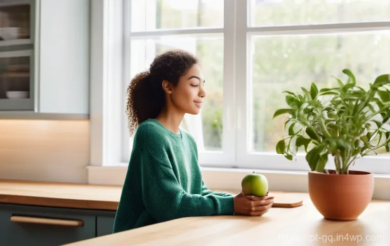 의식적 선택 훈련과 의사소통 향상 - **Mindful Morning Choices:** A brightly lit, minimalist kitchen scene with a young woman in her late...