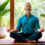 Home 21 의식적 선택 훈련의 직접적인 이점 - A serene and focused middle-aged Brazilian man practicing mindfulness meditation in a bright, cozy l...