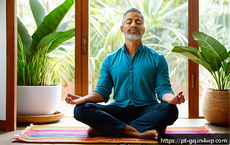 의식적 선택 훈련의 직접적인 이점 - A serene and focused middle-aged Brazilian man practicing mindfulness meditation in a bright, cozy l...