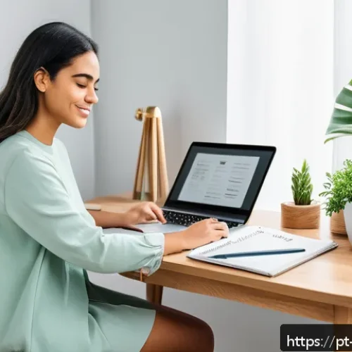 Home 32 의식적 선택 훈련을 위한 자원 관리 - A modern home office scene featuring a young adult woman of Brazilian descent sitting at a clean, or...