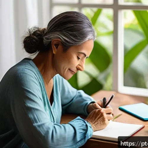 Home 31 의식적 선택 훈련과 정서적 지능 - A serene and cozy home office setting with a middle-aged Brazilian woman sitting comfortably at a wo...
