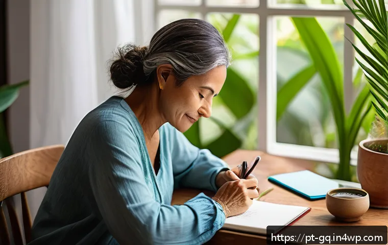 의식적 선택 훈련과 정서적 지능 - A serene and cozy home office setting with a middle-aged Brazilian woman sitting comfortably at a wo...