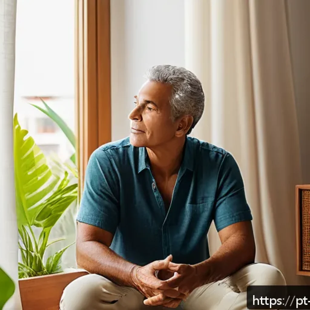 의식적 선택 훈련과 긍정적 사고의 관계 - A serene morning scene in a modern Brazilian apartment, showing a middle-aged person dressed in comf...