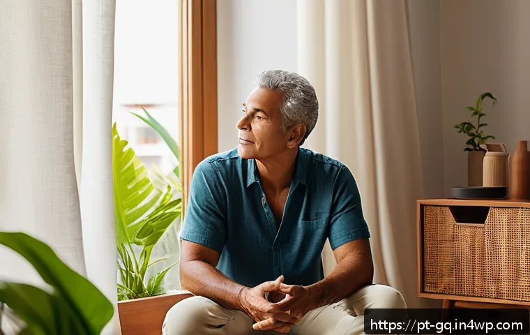 의식적 선택 훈련과 긍정적 사고의 관계 - A serene morning scene in a modern Brazilian apartment, showing a middle-aged person dressed in comf...